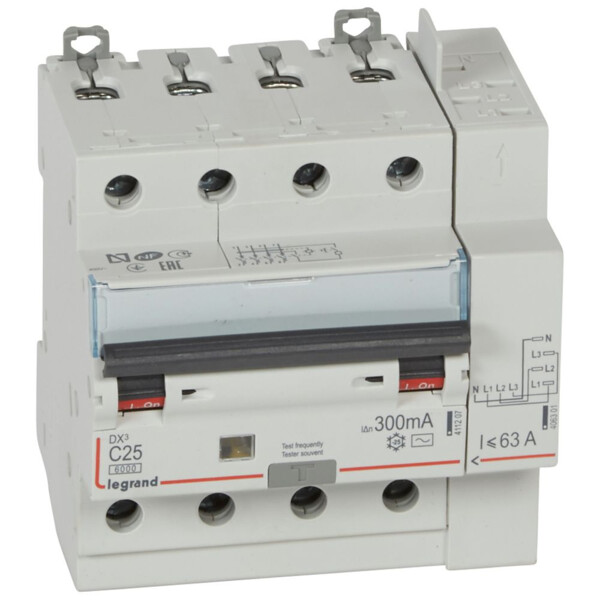 Disjoncteur différentiel monobloc dx³ 6000-vis/auto-4p-400v~-25a-typeac-300ma-10ka-courbe c-tête - Legrand - 411218