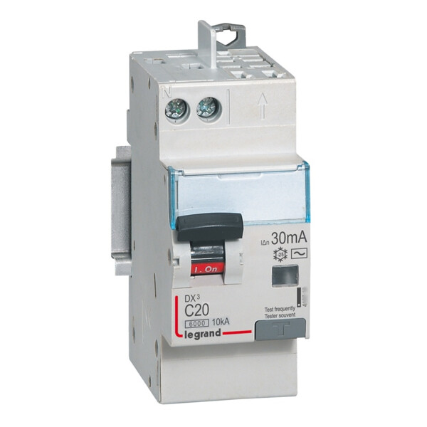 Disjoncteur différentiel dx³ 6000 -vis/auto-u+n 230v~-20a-typeac-30ma-10ka-courbe c - 2 mod - Legrand - 410806