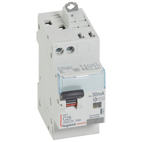 Disjoncteur différentiel monobloc dx³ 6000-vis/auto-u+n 230v~-25a-typeac-30ma-10ka-courbe c-tête - Legrand - 410807