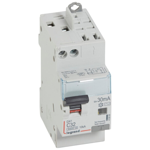 Disjoncteur différentiel monobloc dx³ 6000-vis/auto-u+n 230v~-32a-typeac-30ma-10ka-courbe c-tête - Legrand - 410808