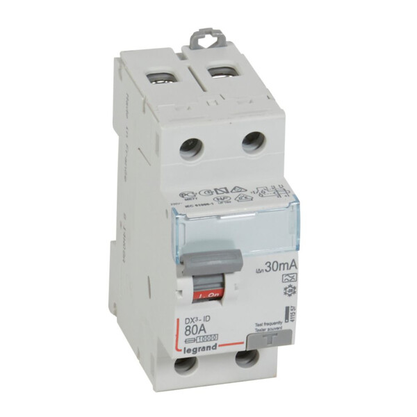 Interrupteur différentiel dx³-id - vis/vis - 2p- 230v~-80a - type a - 30ma - départ bas - Legrand - 411557