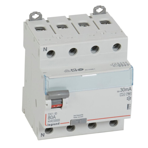 Interrupteur différentiel dx³-id - vis/vis - 4p- 400v~-80a - type hpi - 30ma - départ bas - Legrand - 411697