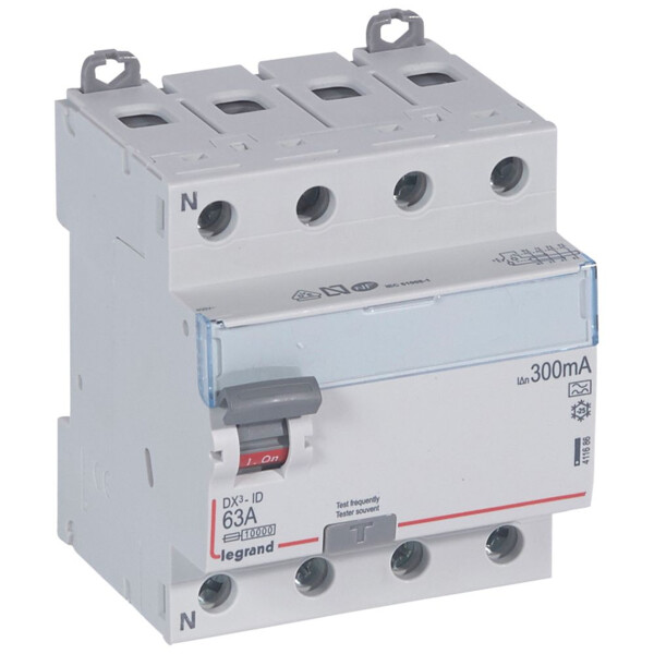 Interrupteur différentiel dx³-id - vis/vis - 4p- 400v~-63a - type a - 300ma - départ bas - Legrand - 411686