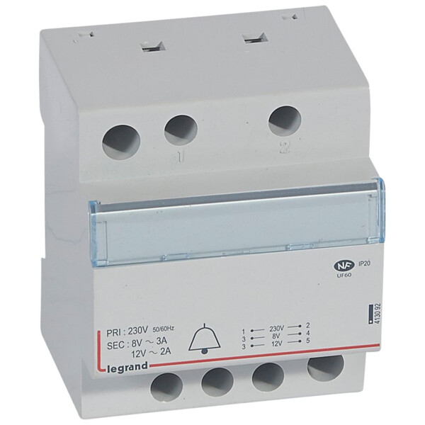 Transformateur pour sonnerie - 230 v / 12-8 v - 24 va - 4 mod - Legrand - 413092