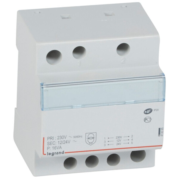 Transformateur de sécurité - 230 V / 12 ou 24 V - 16 VA - Legrand - 413095