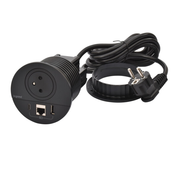 Prise d'Alimentation Noire Incara Disq 80 Legrand - 2 P + T - USB Type A et C - RJ45 - Cordon avec Fiche 2 P + T - Legrand - 654702