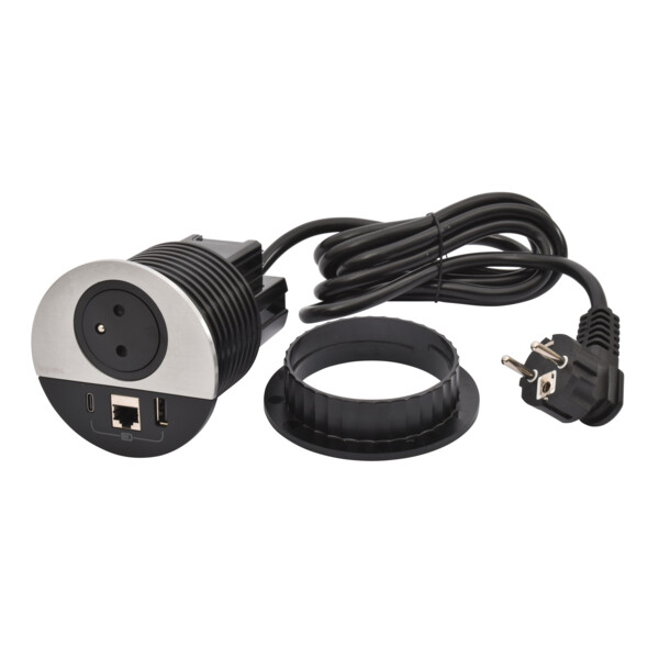Disq80 incara 2p+t + usb a+c + rj45 + cordon fiche 2p+t - métal - Legrand - 654703