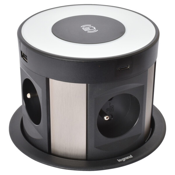 Incara Tower 120 Ø121mm à encastrer dans mobilier avec 4 prises 2P+T , 4 chargeurs USB , sans fils induction et cordon - Legrand - 654981