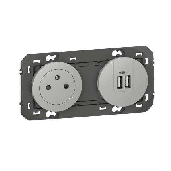 Prise de courant 2P+T et prise 2USB aluminium Legrand Dooxie précâblées surface et USB TypeA 3A - Legrand - 600442