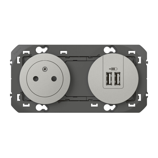 Prise de courant 2P+T et prise 2USB aluminium Legrand Dooxie précâblées surface et USB TypeA 3A - Legrand - 600442