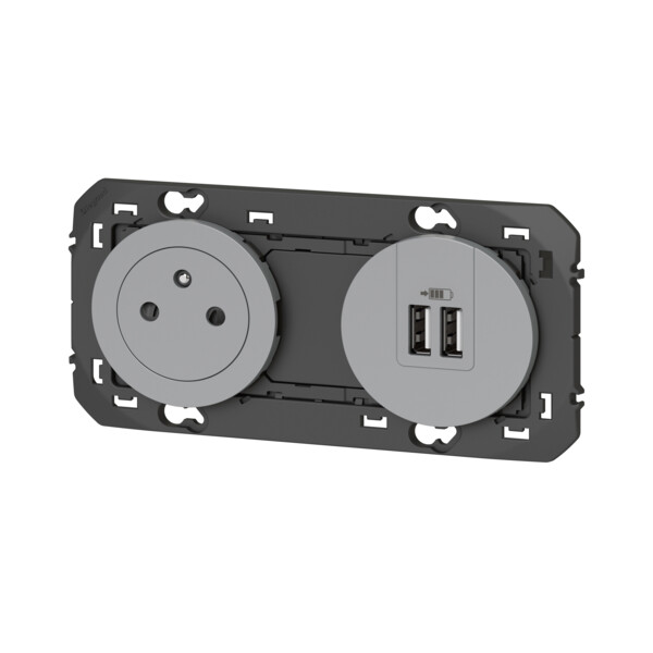 Prise de courant 2P+T et prise 2USB aluminium Legrand Dooxie précâblées surface et USB TypeA 3A - Legrand - 600442
