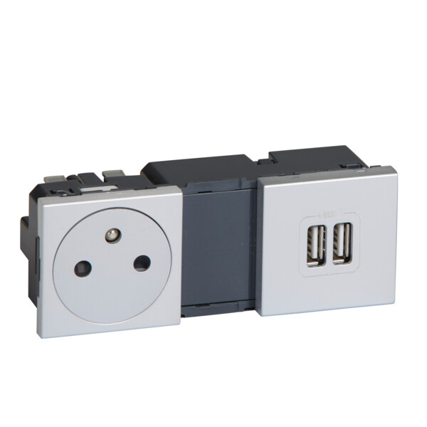 Prise Legrand Mosaic + module de charge 2 micro USB 2400 mA précâblées - alu - Legrand - 079395
