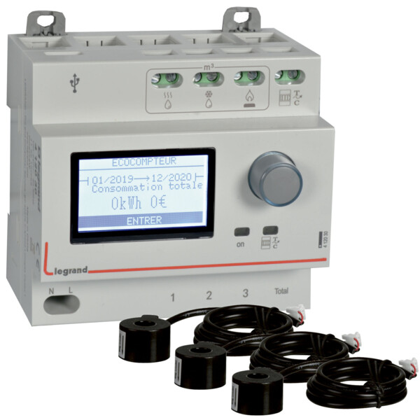 Pack écocompteur modulaire Legrand comprenant écocompteur (412030) et 3 tores fermés (412008) - Legrand - 412031