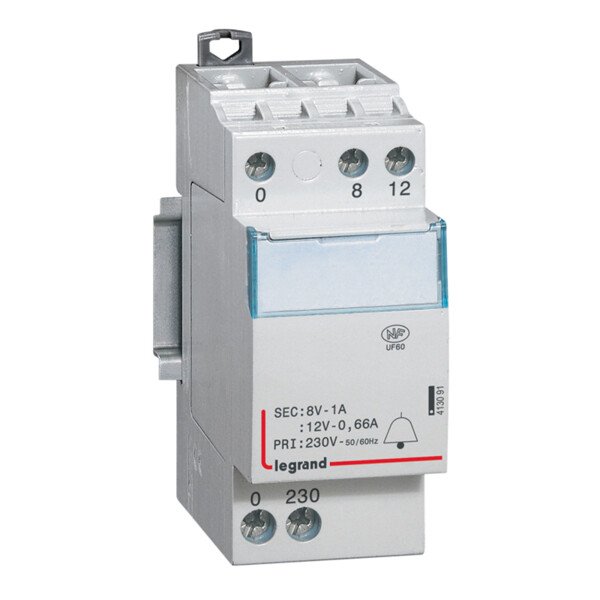 Transformateur pour sonnerie 230V Legrand vers 12V ou 8V 8VA 2 modules - Legrand - 413091