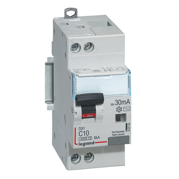 Disjoncteur différentiel 1P+N 10A Legrand DX3 4500 Type AC 30mA courbe C vis/vis 230V - Legrand - 410704