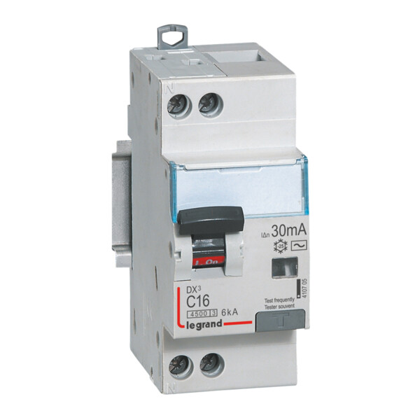 Disjoncteur différentiel 1P+N 16A Legrand DX³ 4500/6kA typeAC 30mA courbeC vis/vis 230V - protection des départs - Legrand - 410705