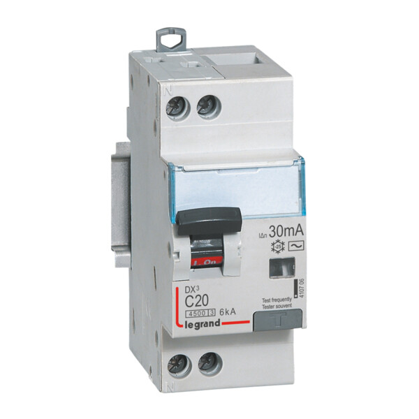 Disjoncteur différentiel dx³ 4500-vis/vis-u+n 230v~ 20a-typeac-30ma-6ka-courbe c-départ - Legrand - 410706
