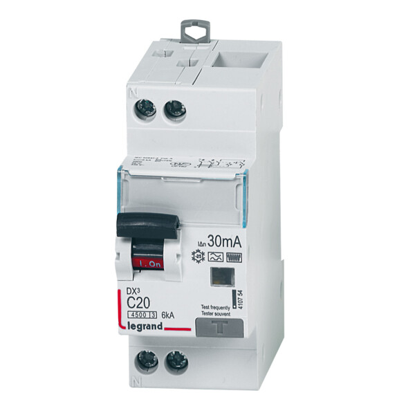 Disjoncteur différentiel DX³ 4500 arrivée haute et départ bas à vis U+N 230V~ - 20A typeF 30mA - courbe C - 2 modules - Legrand - 410754