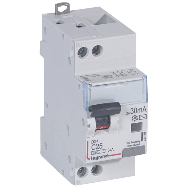 Disjoncteur différentiel DX³ 4500 arrivée haute et départ bas à vis U+N 230V~ - 25A typeAC 30mA - courbe C - 2 modules - Legrand - 410707