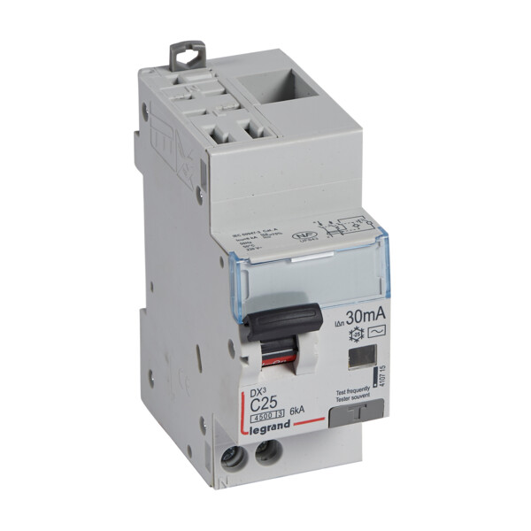 Disjoncteur différentiel DX3 4500-auto/vis-u+n 230v~ 25a-typeac-30ma-6ka-courbe c-départ - Legrand - 410715