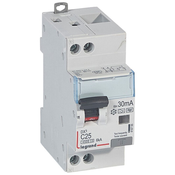 Disjoncteur différentiel dx³ 4500-vis/vis-u+n 230v~ 25a-typeF-30ma-6ka-courbe c-départ - Legrand - 410755