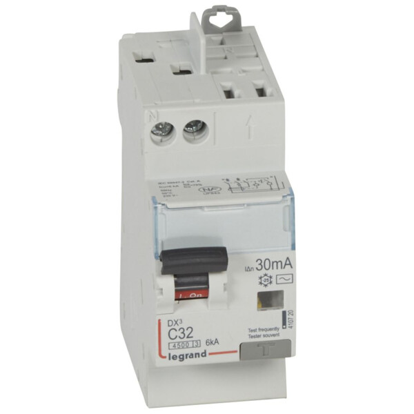 Disjoncteur différentiel Legrand dx³ 4500 - vis/auto - U+N 230V~ - 32A typeAC 30mA - 2 modules - Legrand - 410720