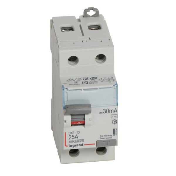 Interrupteur différentiel dx³-id - vis/vis - 2p- 230v~-25a - type ac - 30ma - départ bas - Legrand - 411504