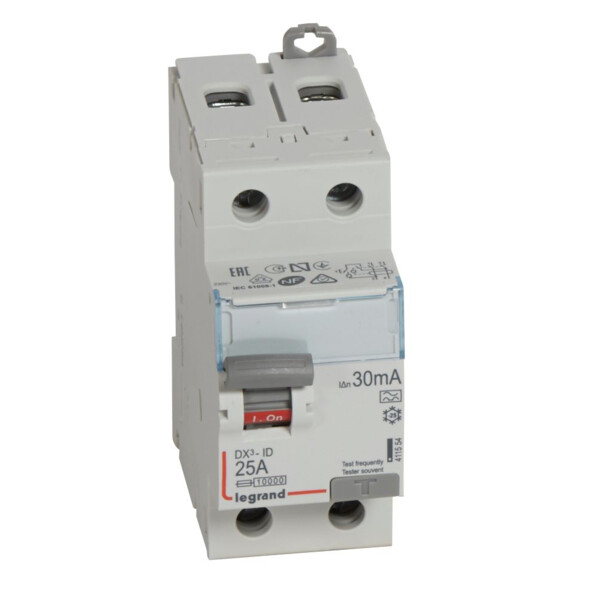Interrupteur différentiel dx³-id - vis/vis - 2p- 230v~-25a - type a - 30ma - départ bas - Legrand - 411554