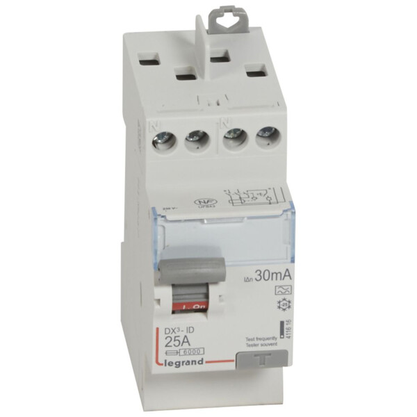 Interrupteur différentiel DX3 - id - vis/vis - 2p - 230v~ - 25a - type a - 30ma - départ haut - Legrand - 411616