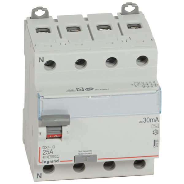 Interrupteur différentiel DX3 - id - vis/vis - 4p - 400v~ - 25a - Type ac - 30ma - Départ Bas - Legrand - 411660