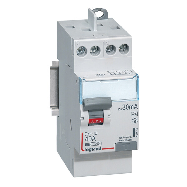 Interrupteur différentiel 2P 40A DX³ type A 30mA vis/vis 230V - départ haut - Legrand - 411617