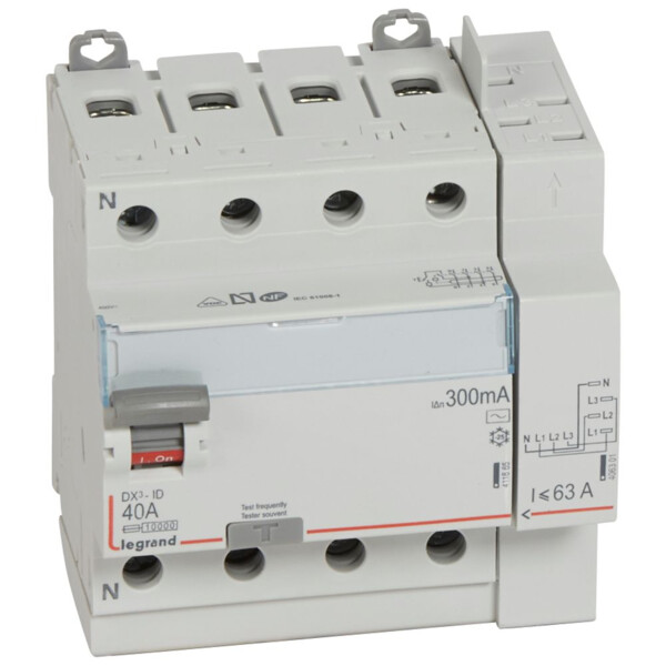 Interrupteur différentiel Legrand DX³-ID - 4P - 40A - Type AC - 300mA - 400V - 5 modules - Legrand - 411654