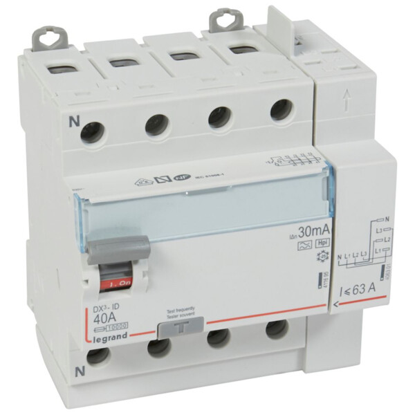 Interrupteur différentiel 4P 40A DX³-ID Type F 30mA 230V – Arrivée haute à vis et Départ haut automatique - Legrand - 411658
