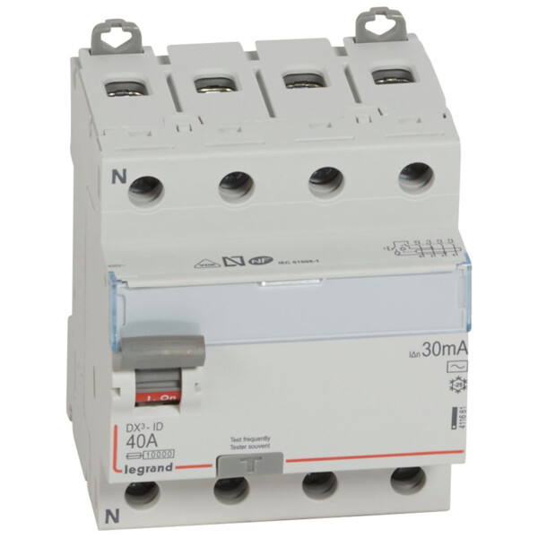 Interrupteur différentiel DX3 - id - vis/vis - 4p- 400v~-40a - type ac - 30ma - départ bas - Legrand - 411661