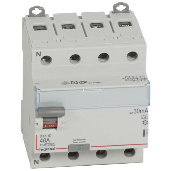 Interrupteur différentiel DX3 - id - vis/vis - 4P- 400V~ - 40A - type A - 30mA - départ bas - Legrand - 411675