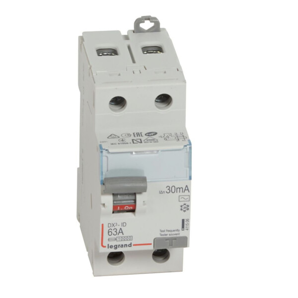 Interrupteur différentiel 2P 63A Legrand DX³-ID typeAC 30mA Vis/Vis 230V - Arrivée haute et départ bas - Legrand - 411506