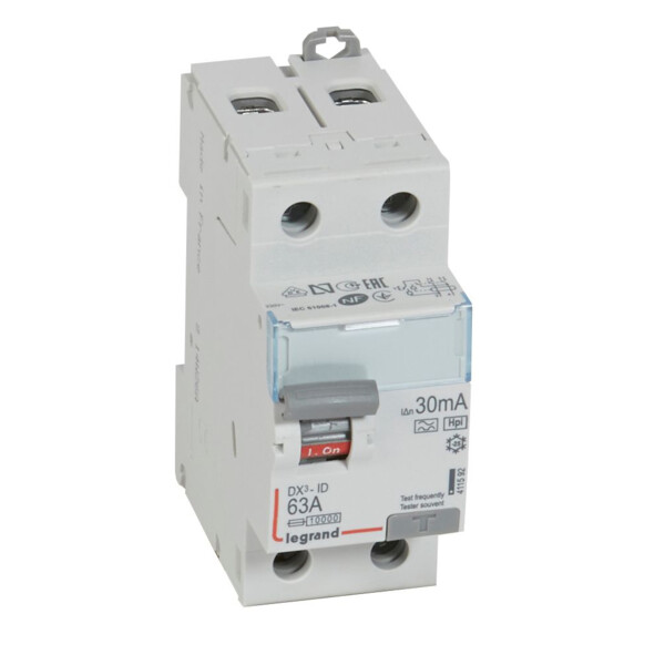 Interrupteur différentiel dx³-id - vis/vis - 2p- 230v~-63a - type F - 30ma - départ bas - Legrand - 411592