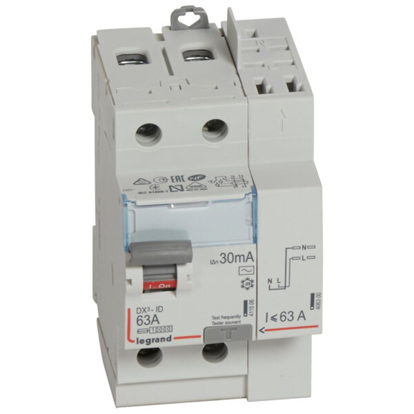 Interrupteur différentiel DX3 - id - vis/auto - 2p - 230v~ - 63a - type ac - 30ma - départ haut - Legrand - 411633