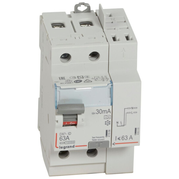 Interrupteur différentiel DX3 - id - vis/auto - 2p - 230v~ - 63a - type a - 30ma - départ haut - Legrand - 411639