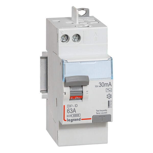 Interrupteur différentiel 2P 63A Legrand DX³-ID 230V typeAC 30mA arrivée haut à vis et départ haut automatique - 2 modules - Legrand - 411650