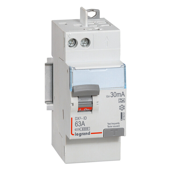 Interrupteur différentiel 63A 2P Legrand DX³-ID typeA 30mA - vis/auto départ haut 230V - faible encombrement - Legrand - 411651