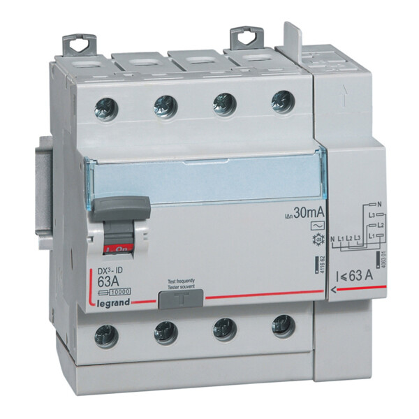 Interrupteur différentiel DX3 - id - vis/auto - 4p - 400v~ - 63a - type ac - 30ma - départ haut - Legrand - 411653