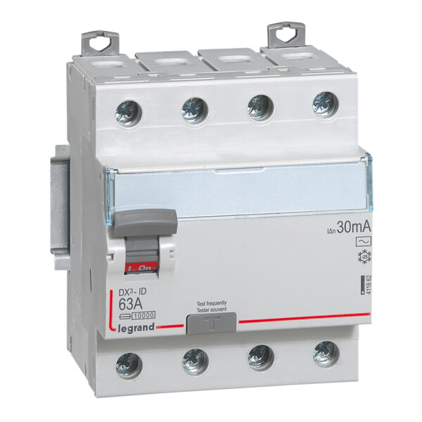 Interrupteur différentiel DX3 - id - vis/vis - 4p- 400v~-63a - type ac - 30ma - départ bas - Legrand - 411662