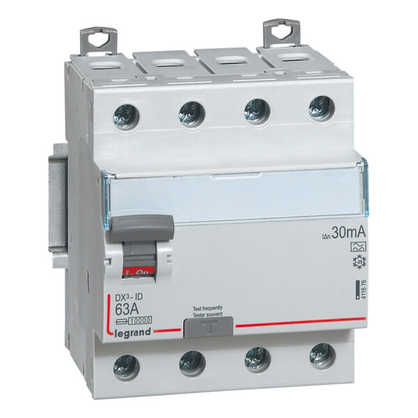 Interrupteur Différentiel DX³-ID Legrand 63 A Type A 30 mA – 4P – 400 V – Arrivée Haute et Départ Bas à Vis – 4 Modules - Legrand - 411676