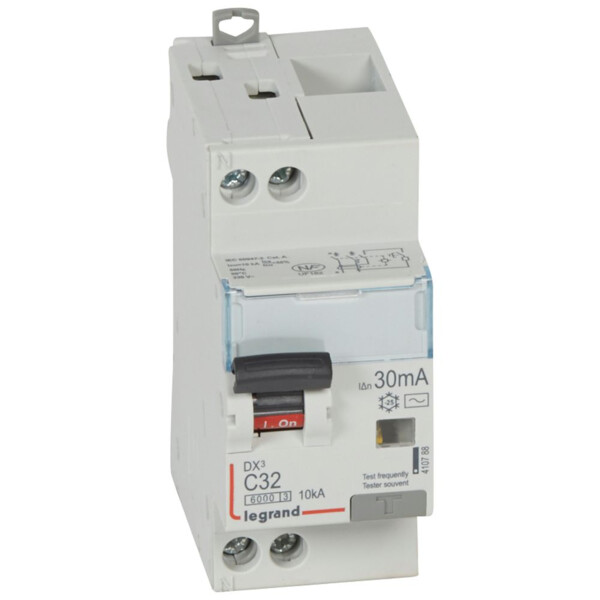 Disjoncteur différentiel monobloc dx³ 6000-vis/vis-u+n 230v~-32a-typeac-30ma-10ka-courbe c-départ - Legrand - 410788