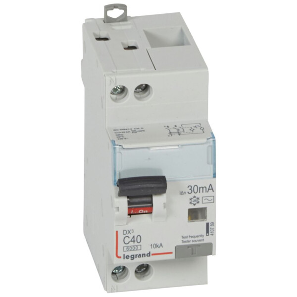 Disjoncteur différentiel monobloc dx³ 6000-vis/vis-u+n 230v~-40a-typeac-30ma-10ka-courbe c-départ - Legrand - 410789