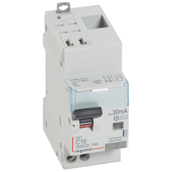 Disjoncteur différentiel monobloc DX3 6000 - auto/vis-u+n 230v~-10a-typeac-30ma-10ka-courbe c-départ - Legrand - 410800