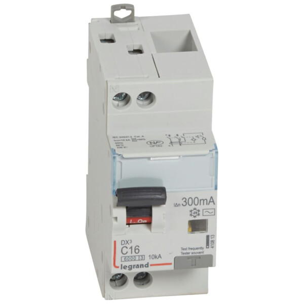 Disjoncteur différentiel monobloc DX3 6000 - vis/vis-u+n 230v~-16a-typeac-300ma-10ka-courbe c-départ - Legrand - 410813