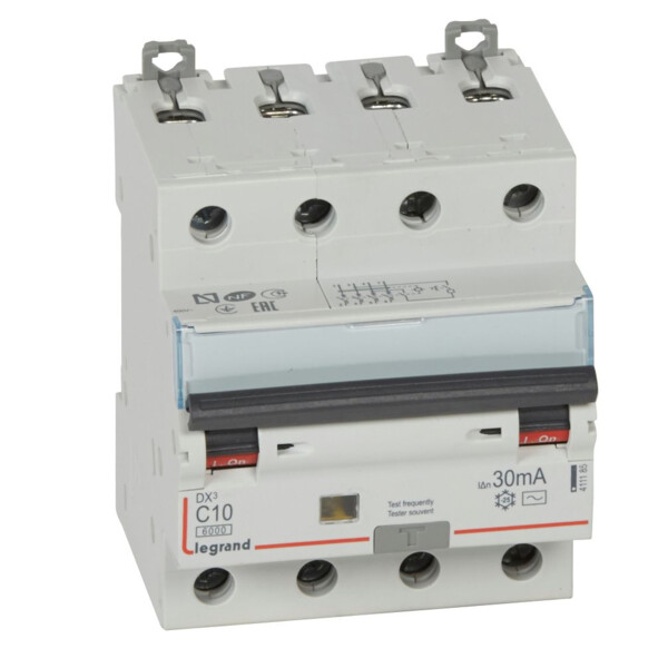 Disjoncteur différentiel monobloc dx³ 6000 -vis- 4p- 400v~ -10a-typeac-30ma-10ka-courbe c-départ - Legrand - 411185