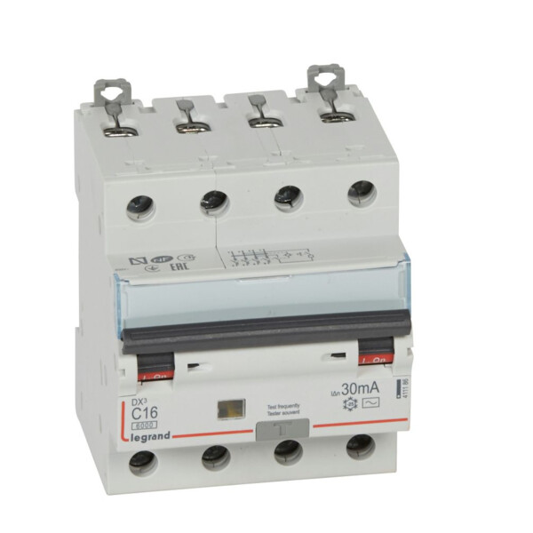 Disjoncteur différentiel monobloc Legrand DX3 6000 - vis- 4p- 400v~ -16a-typeac-30ma-10ka-courbe c-départ - Legrand - 411186